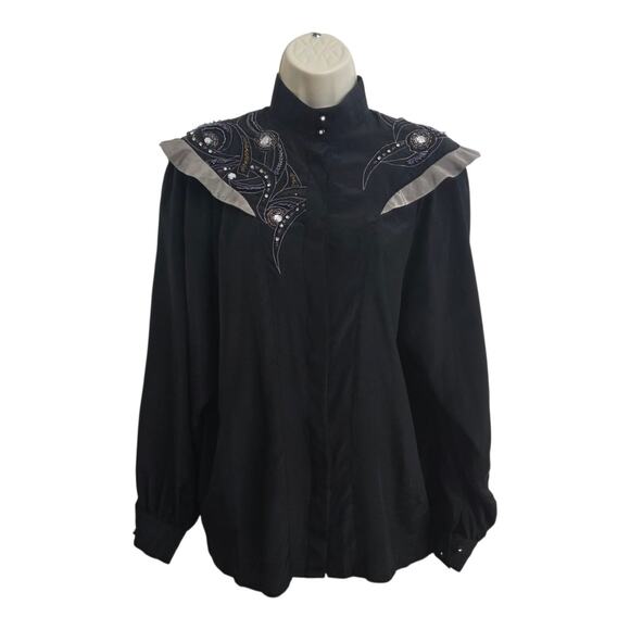 Vintage 90s Black Silk Blouse Beaded Rhinestone Western Glam Yoke Women’s S/M - Picture 2 of 7